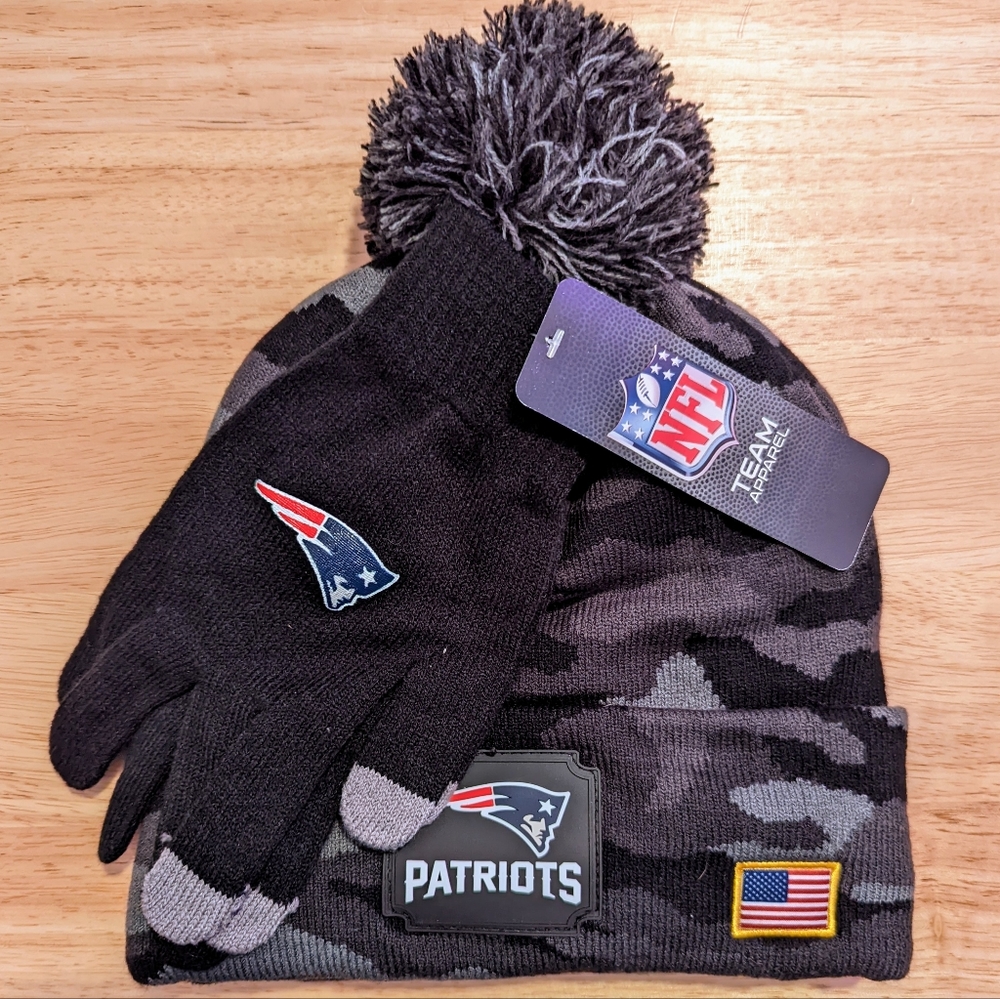 NWT! New England Patriots Salute to Service NFL Beanie Winter Hat And Gloves